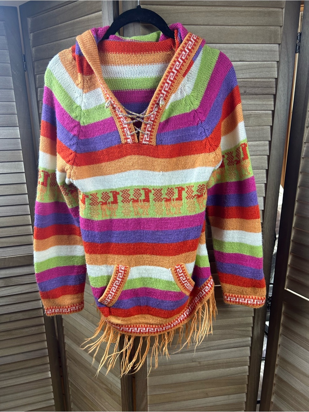 Peruvian Alpaca Blend Hooded Sweater XS Rainbow Llama Fringe Boho